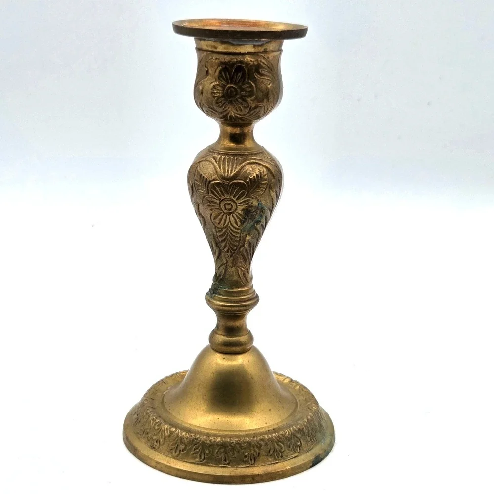 VINTAGE Single Brass Candlestick Candle Holder with Floral Design